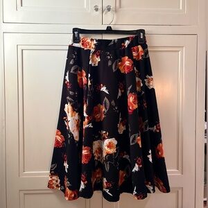Floral A-Line Skirt in Black with Orange & Cream Roses